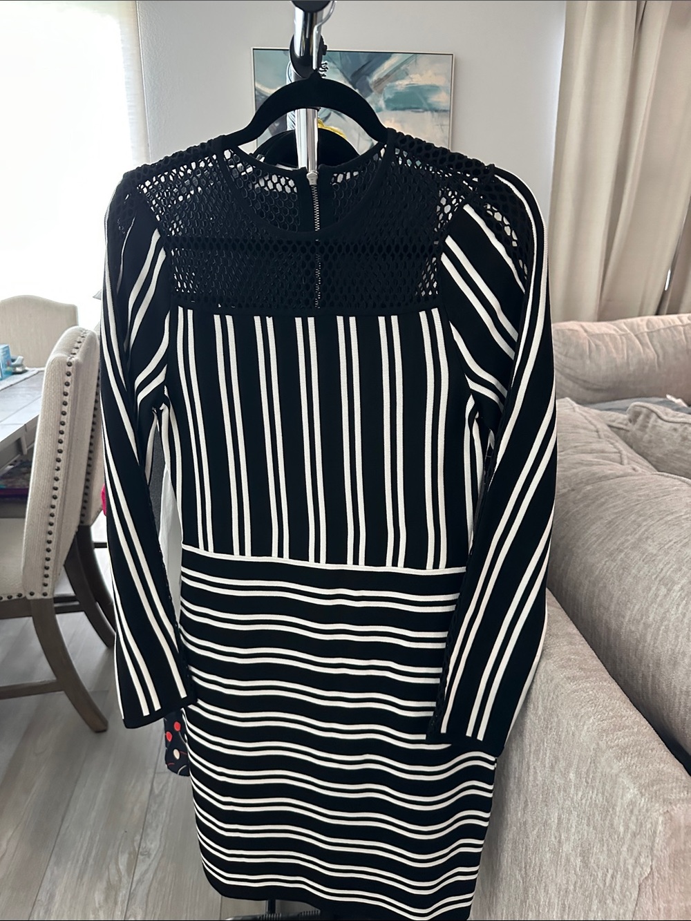Bar III Black and White Striped Long Sleeve Dress with Crochet Yoke